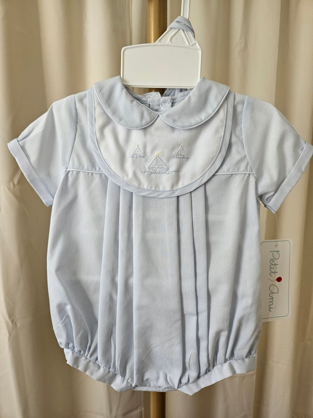Petit Ami NB Baby Blue Sailboat Embroidered Bubble & Bonnet Set