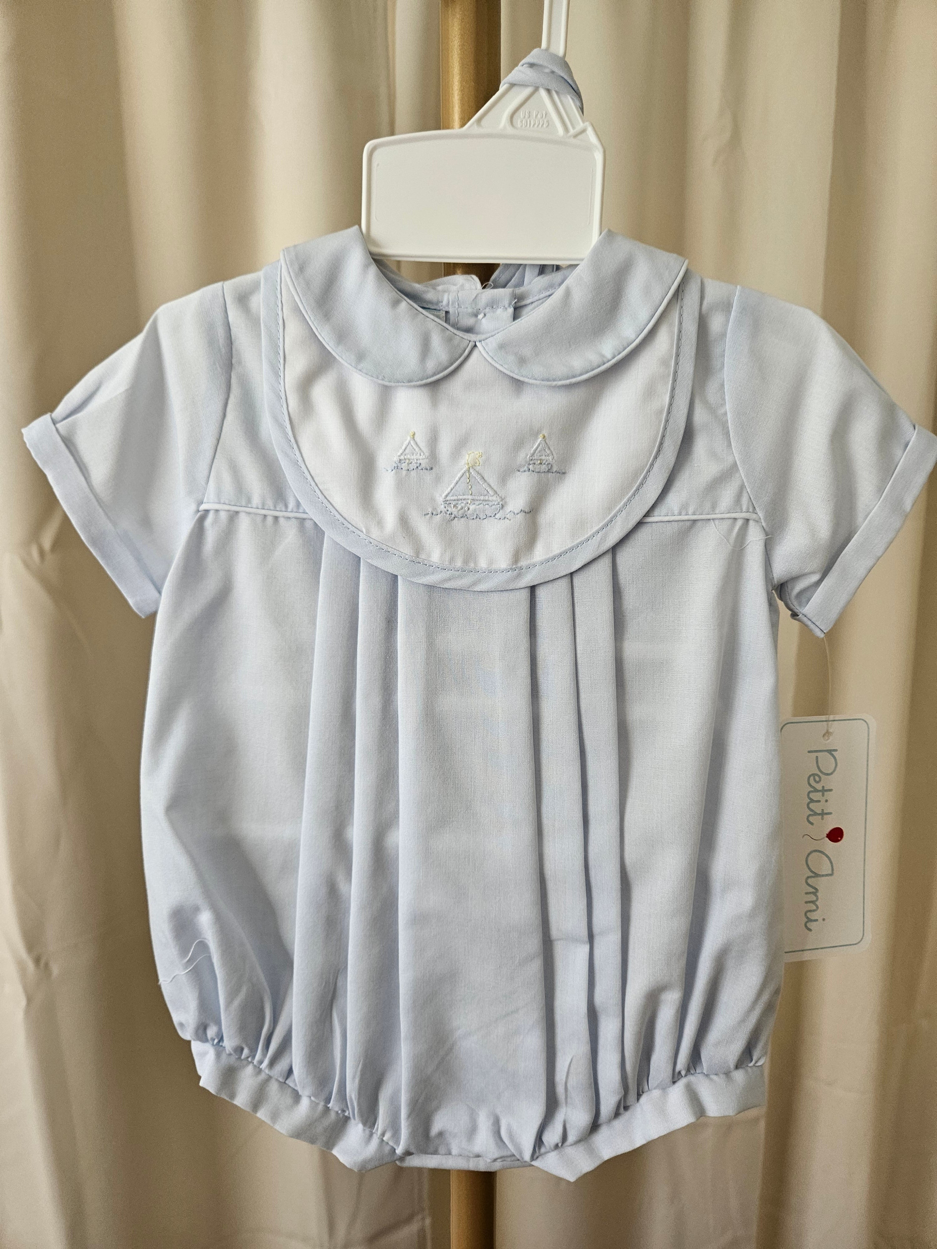 Petit Ami NB Baby Blue Sailboat Embroidered Bubble & Bonnet Set