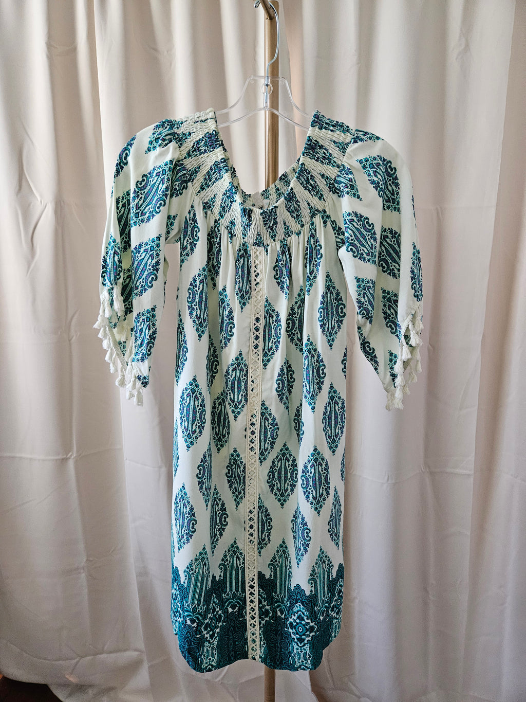 Love Fire Turquoise & Cream Boho Smocked Mini Dress Tassel Sleeves XS
