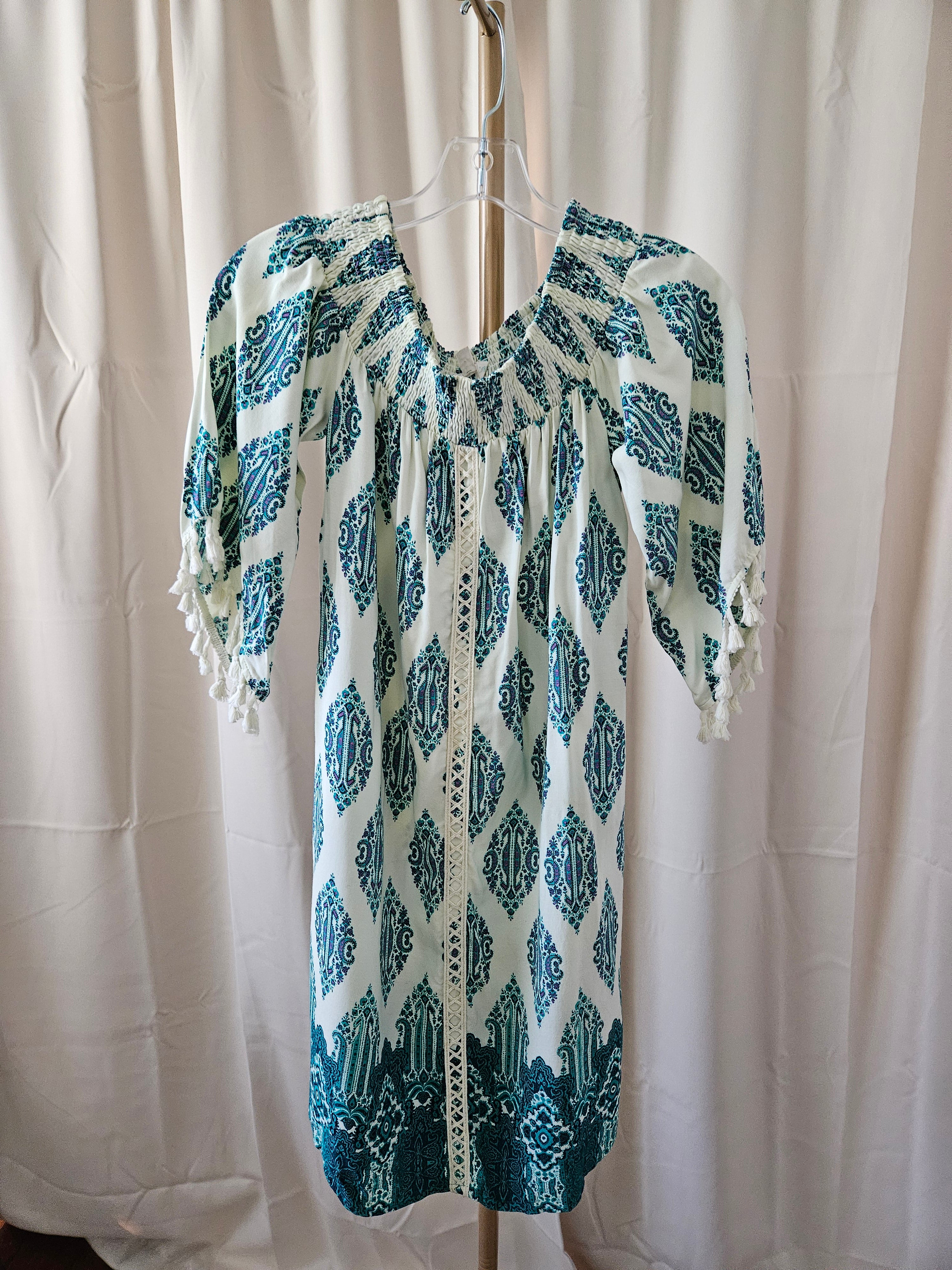 Love Fire Turquoise & Cream Boho Smocked Mini Dress Tassel Sleeves XS