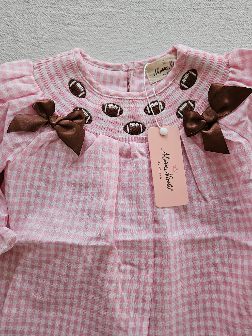 Marie Nicole Game Day Gingham Smocked Embroidered Romper Sz 6-12M