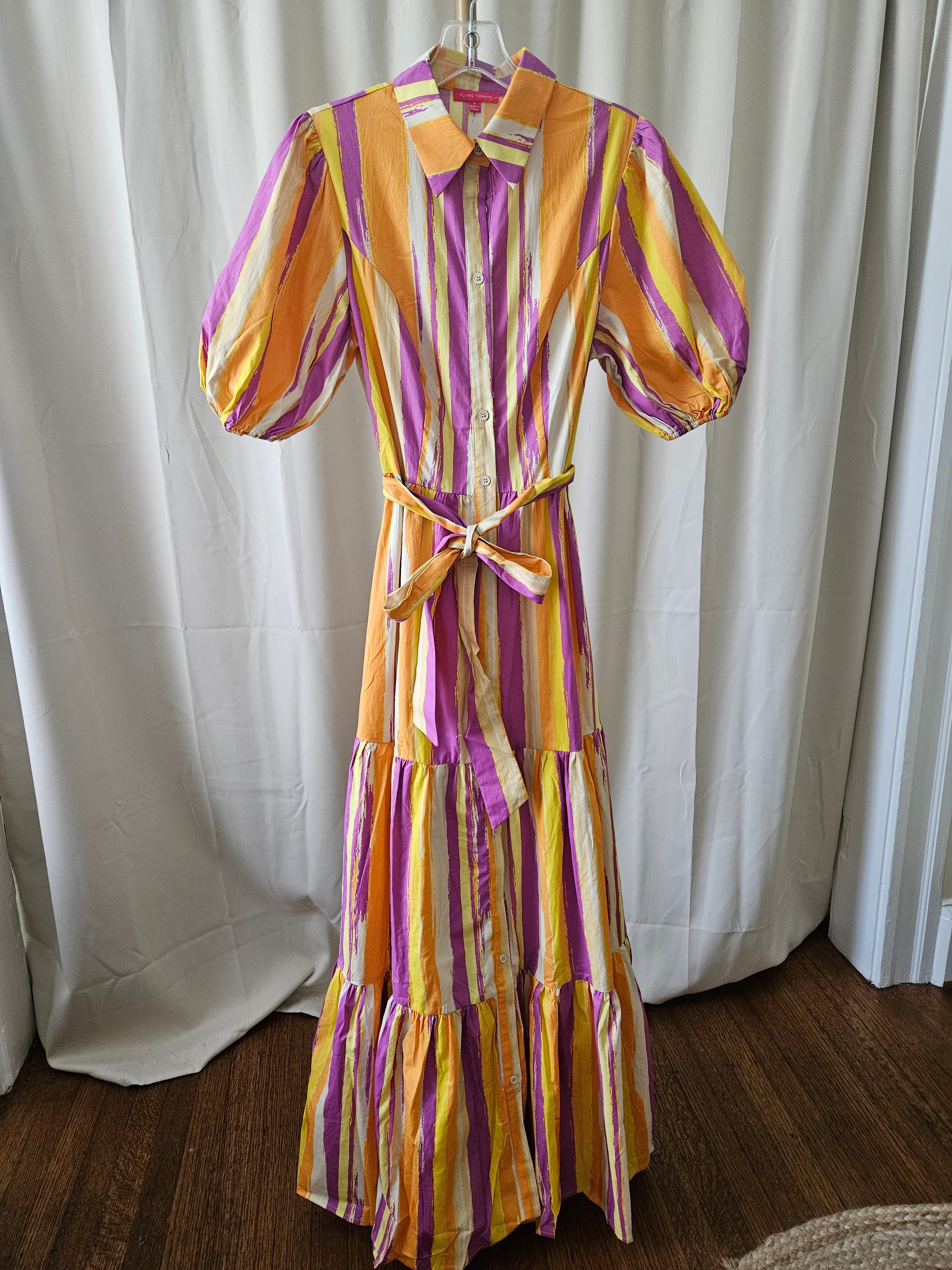 Flying Tomato Poplin Abstract Striped Tiered Maxi Dress — S, M, L