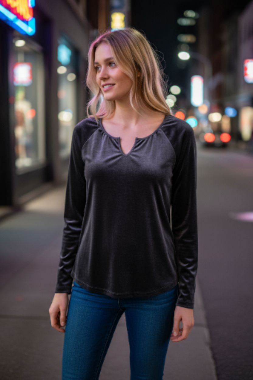 Passport Charcoal Long Sleeve Velour Women's Top Sz Lg