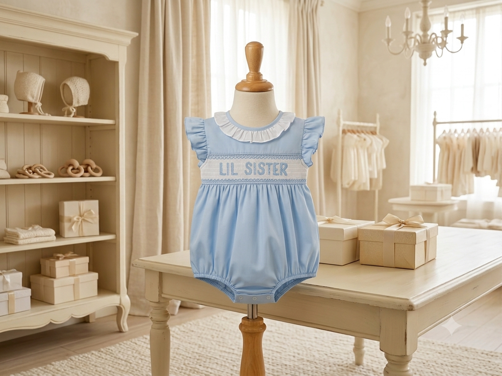 Lil Cactus Lil Sister Smocked Bubble – Baby Blue – Size 18-24M & 2T