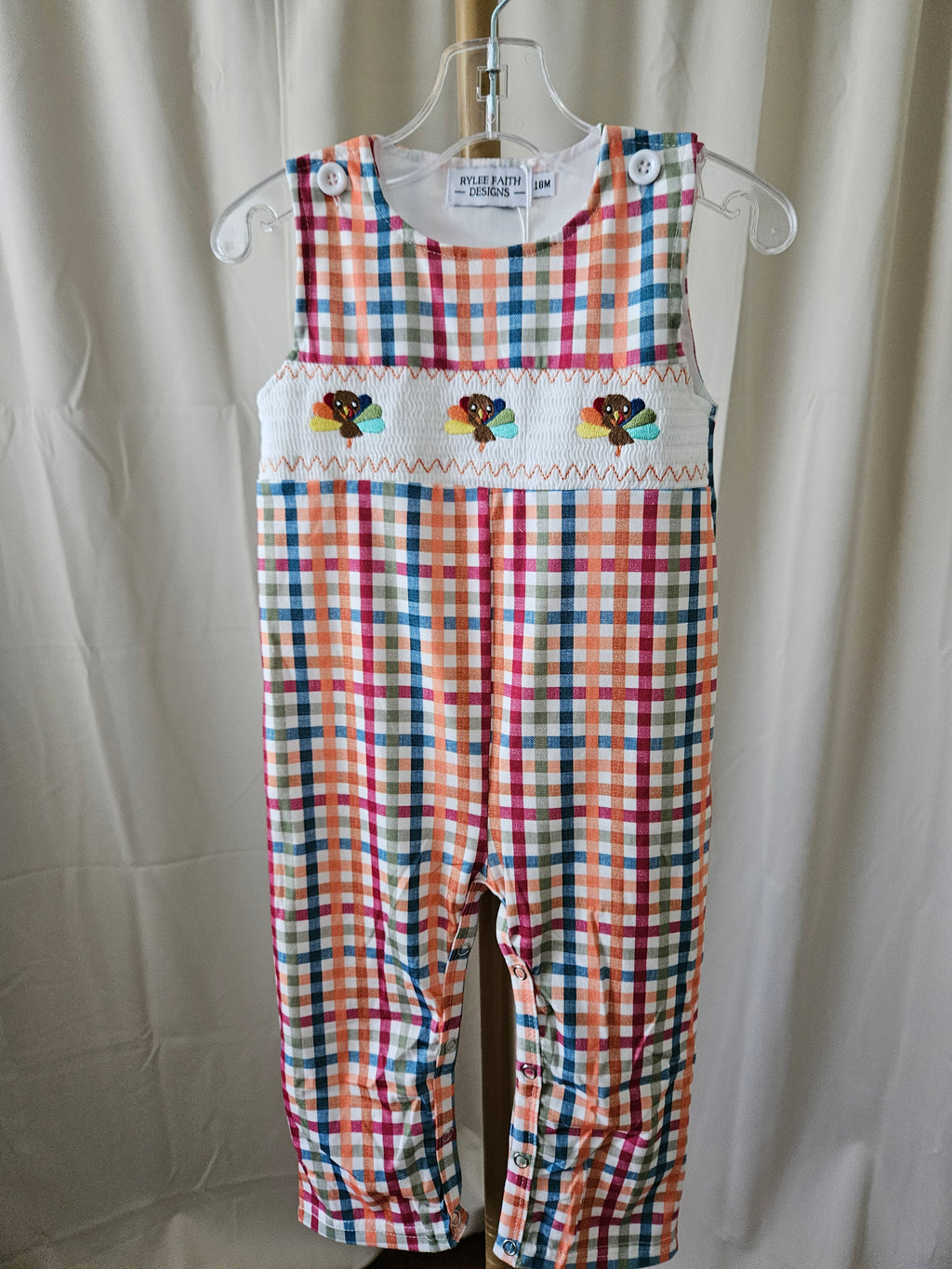 Fall Plaid Turkey Smocked Jon Jon by Rylee Faith Designs – Sizes 3M, 6M, 12M, 18M