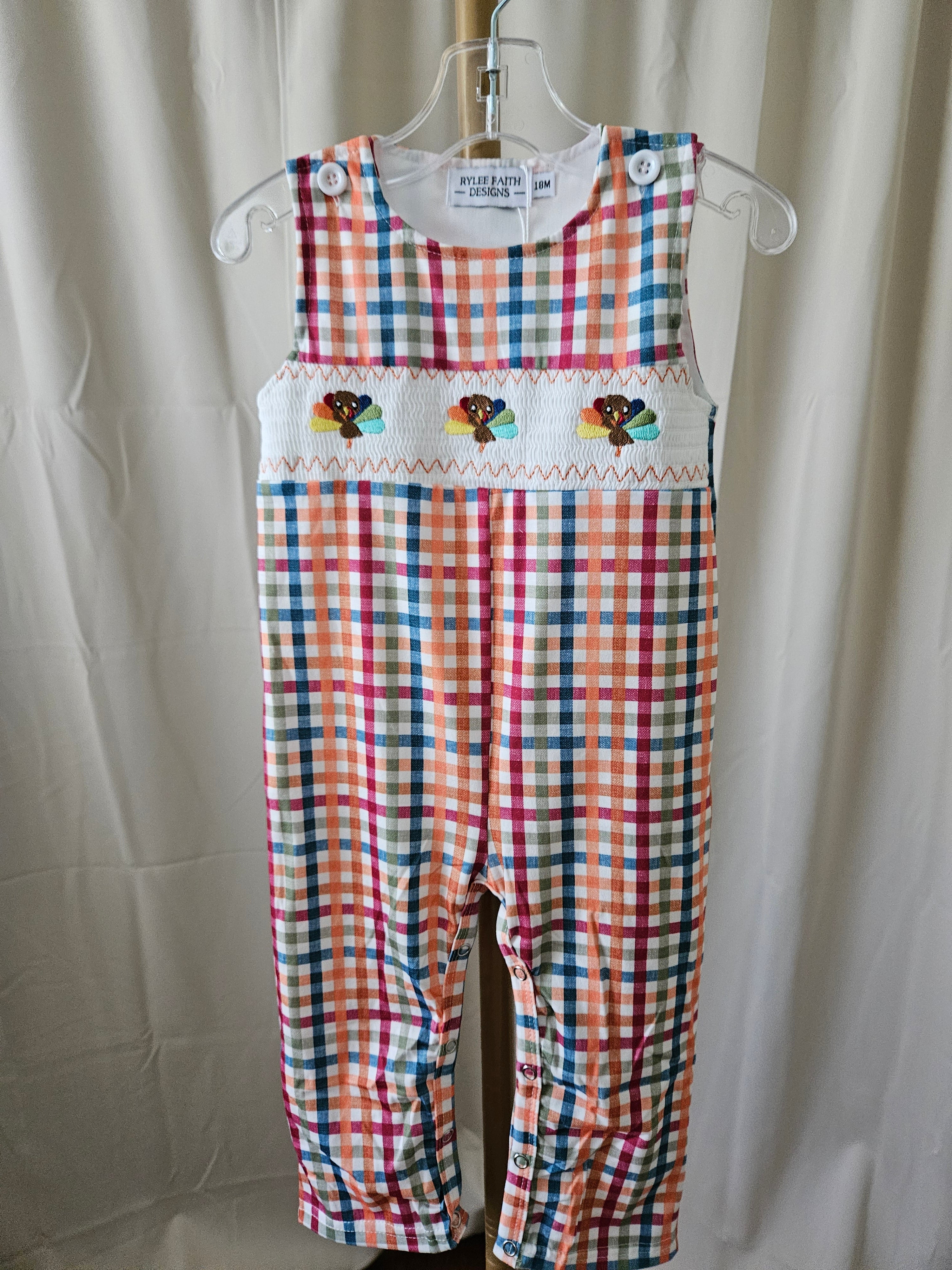 Fall Plaid Turkey Smocked Jon Jon by Rylee Faith Designs – Sizes 3M, 6M, 12M, 18M