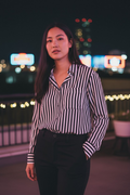 Zara Basic Blk & White Striped Wide Cuff Button Up Blouse Size Medium