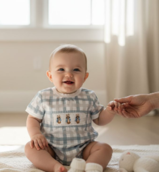 Mr. Bowtique Bunny Smocked Blue and White Plaid Kids Romper Sz 9M