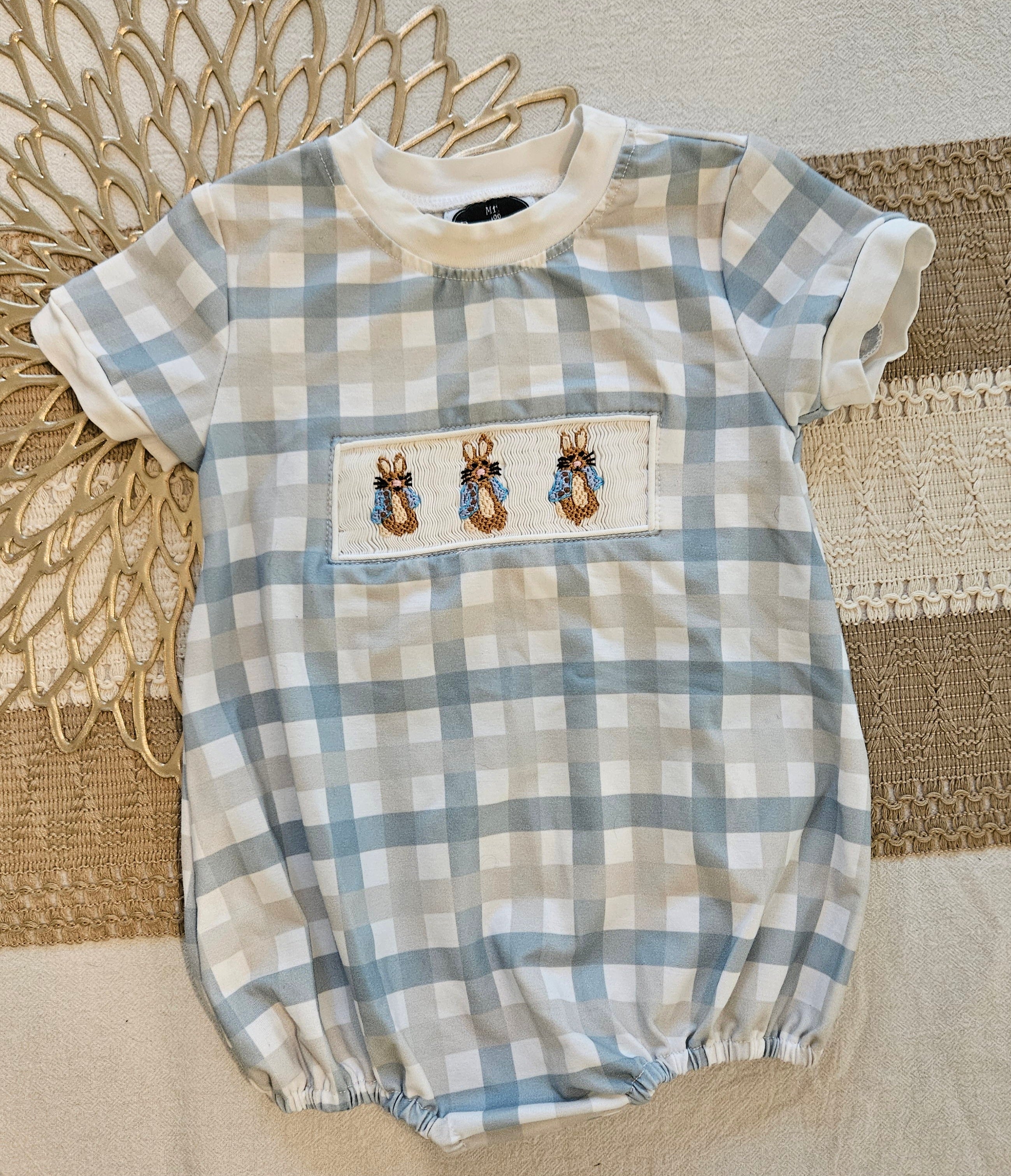 Mr. Bowtique Bunny Smocked Blue and White Plaid Kids Romper Sz 9M