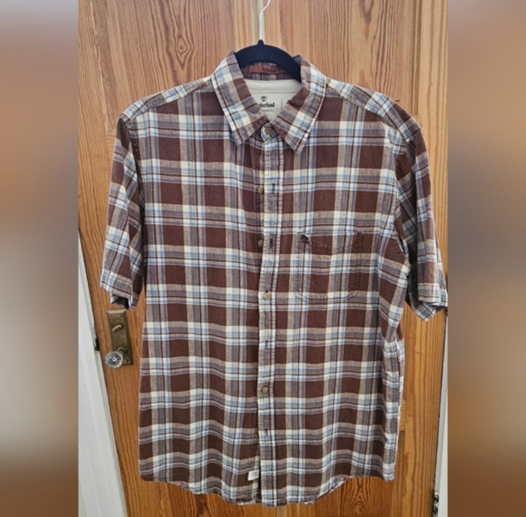 Timberland Plaid Linen Blend Short Sleeve Button Down Size Medium