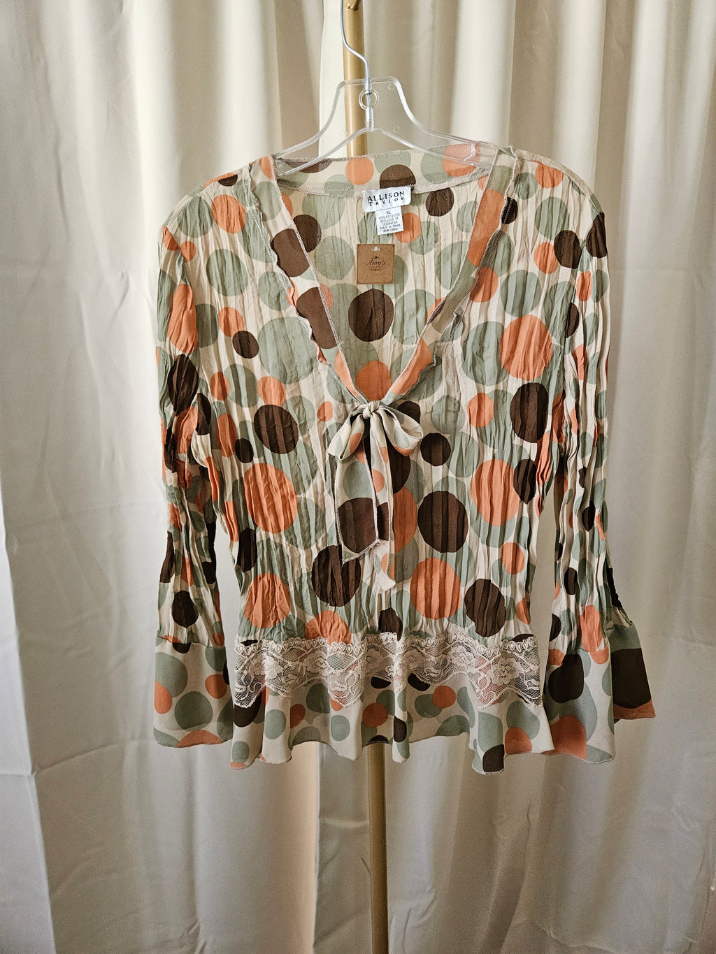 Allison Taylor Earthtone Polka Dot Sheer Blouse Bell Sleeve Lace Tie Top XL