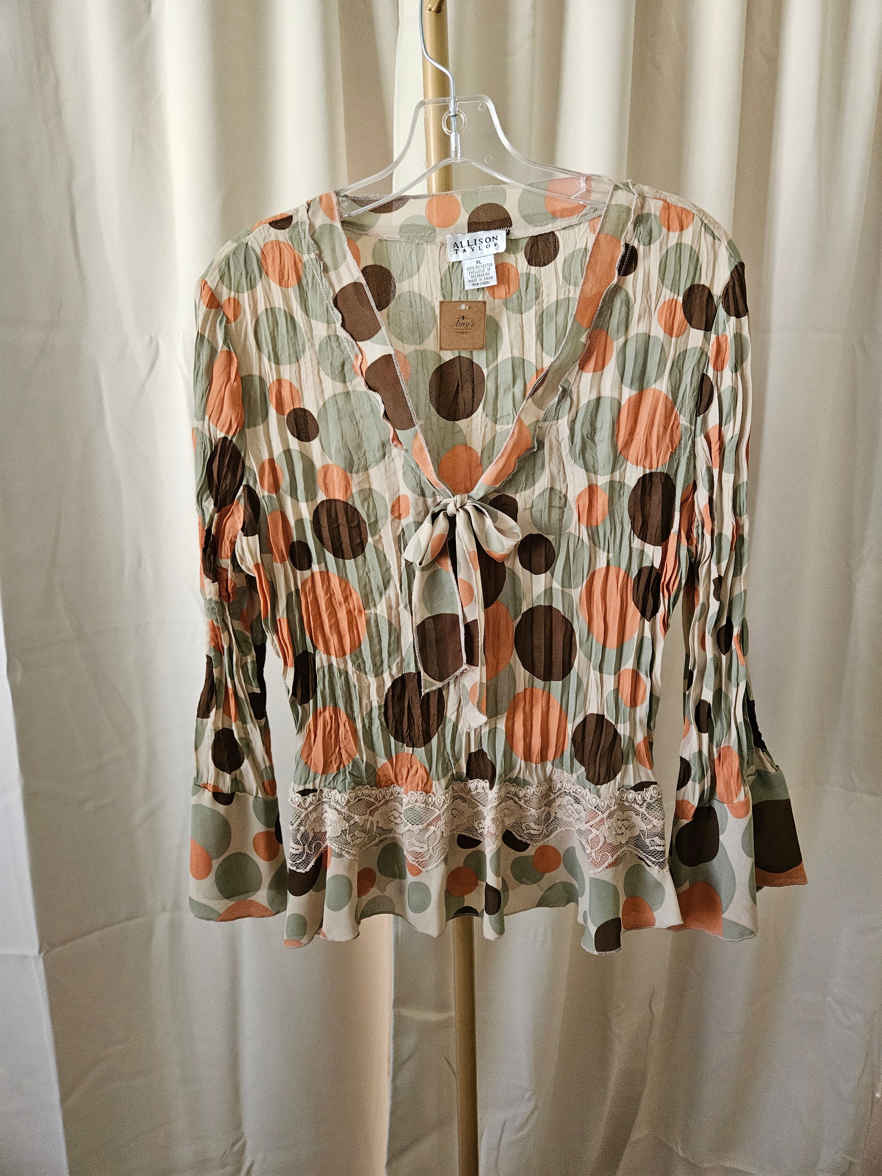 Allison Taylor Earthtone Polka Dot Sheer Blouse Bell Sleeve Lace Tie Top XL