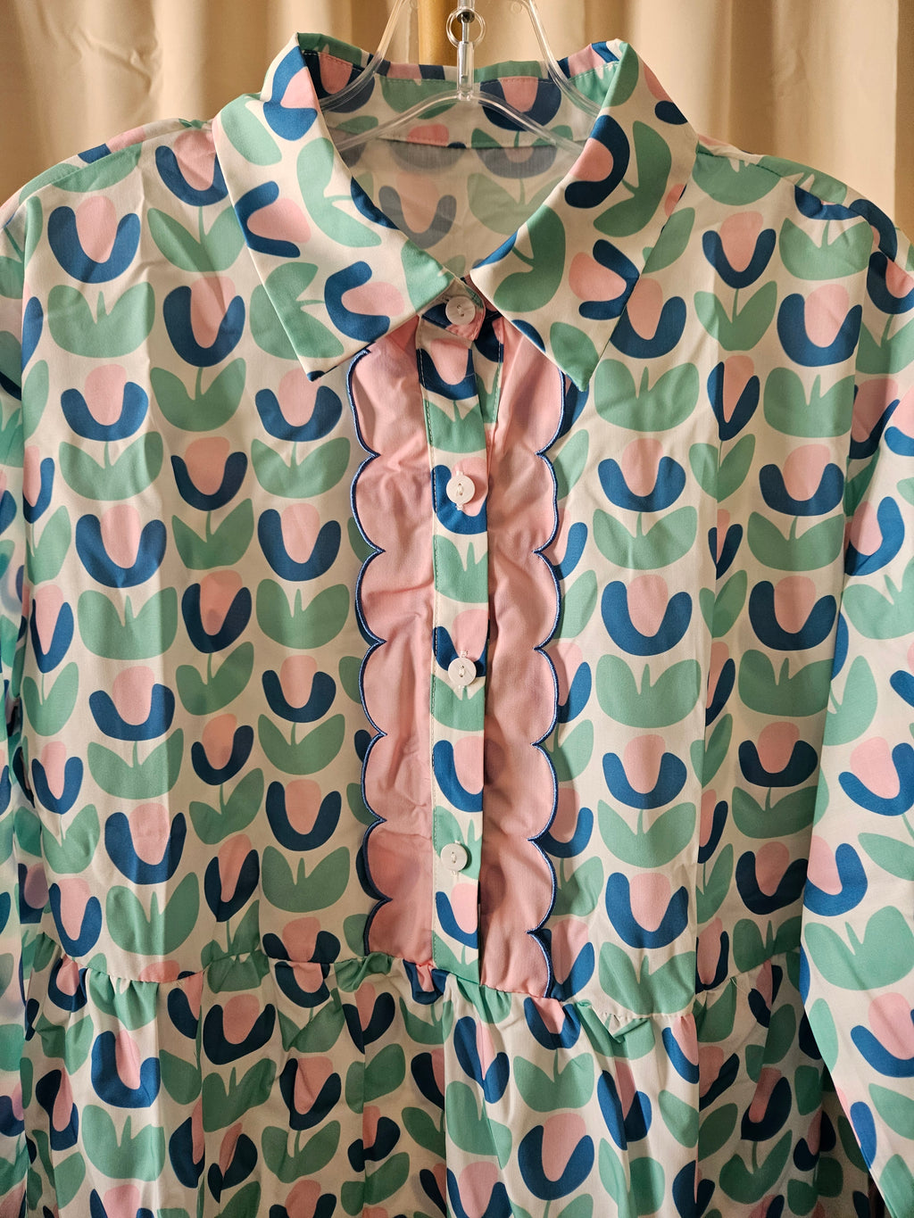 Lovesoft Green Floral Print Notched Neck Scallop Design Long Sleeve Mini Dress