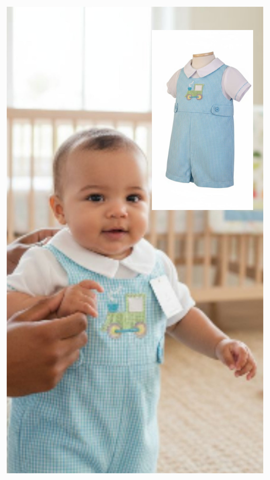 Petit Ami Blue Gingham Tractor Romper Sz 3M