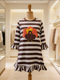 Amor Babee Brown & White Striped Turkey Appliqué Ruffle Dress Sz 3T