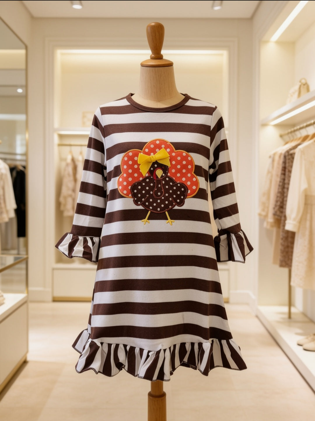 Amor Babee Brown & White Striped Turkey Appliqué Ruffle Dress Sz 3T