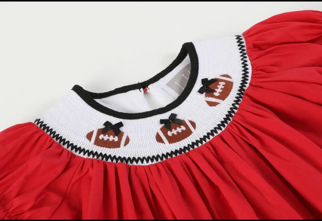 Lil' Cactus Adorable Red and Black Football Smocked Bishop Dress Sz 3T