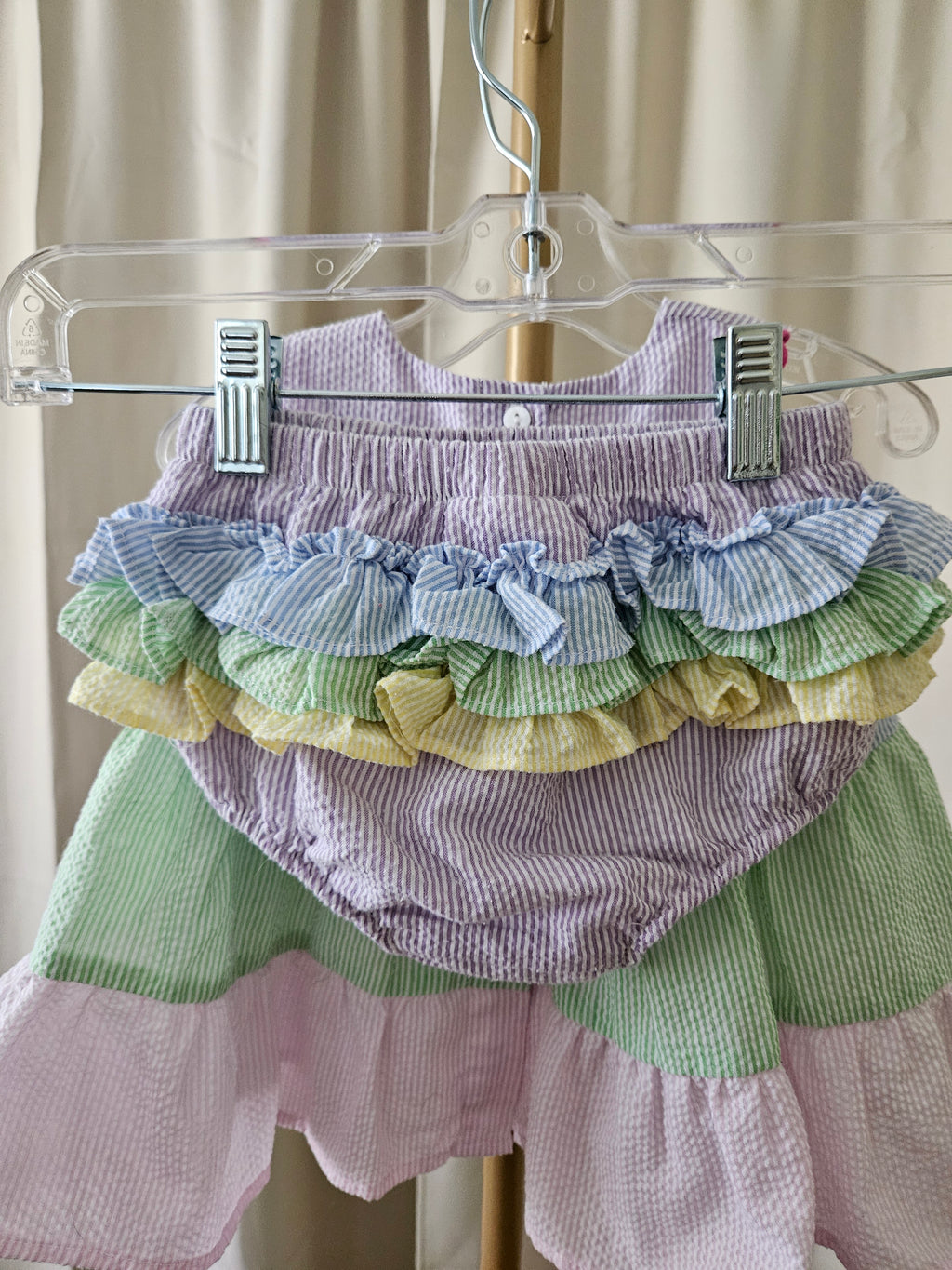 The Yellow Lamb Pastel Seersucker 2pc Set Ruffle Bloomers Sz 24M 💕