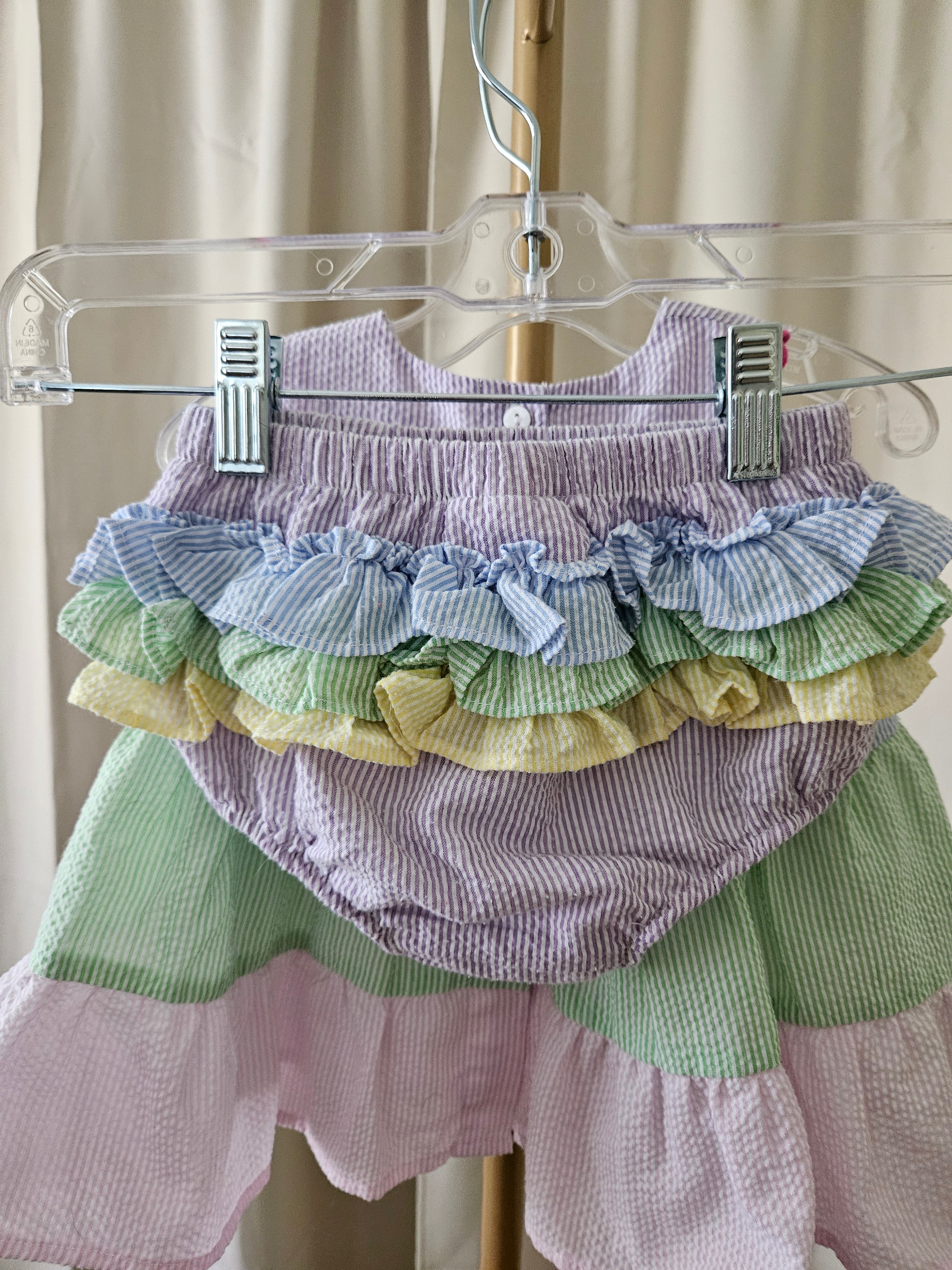 The Yellow Lamb Pastel Seersucker 2pc Set Ruffle Bloomers Sz 24M 💕
