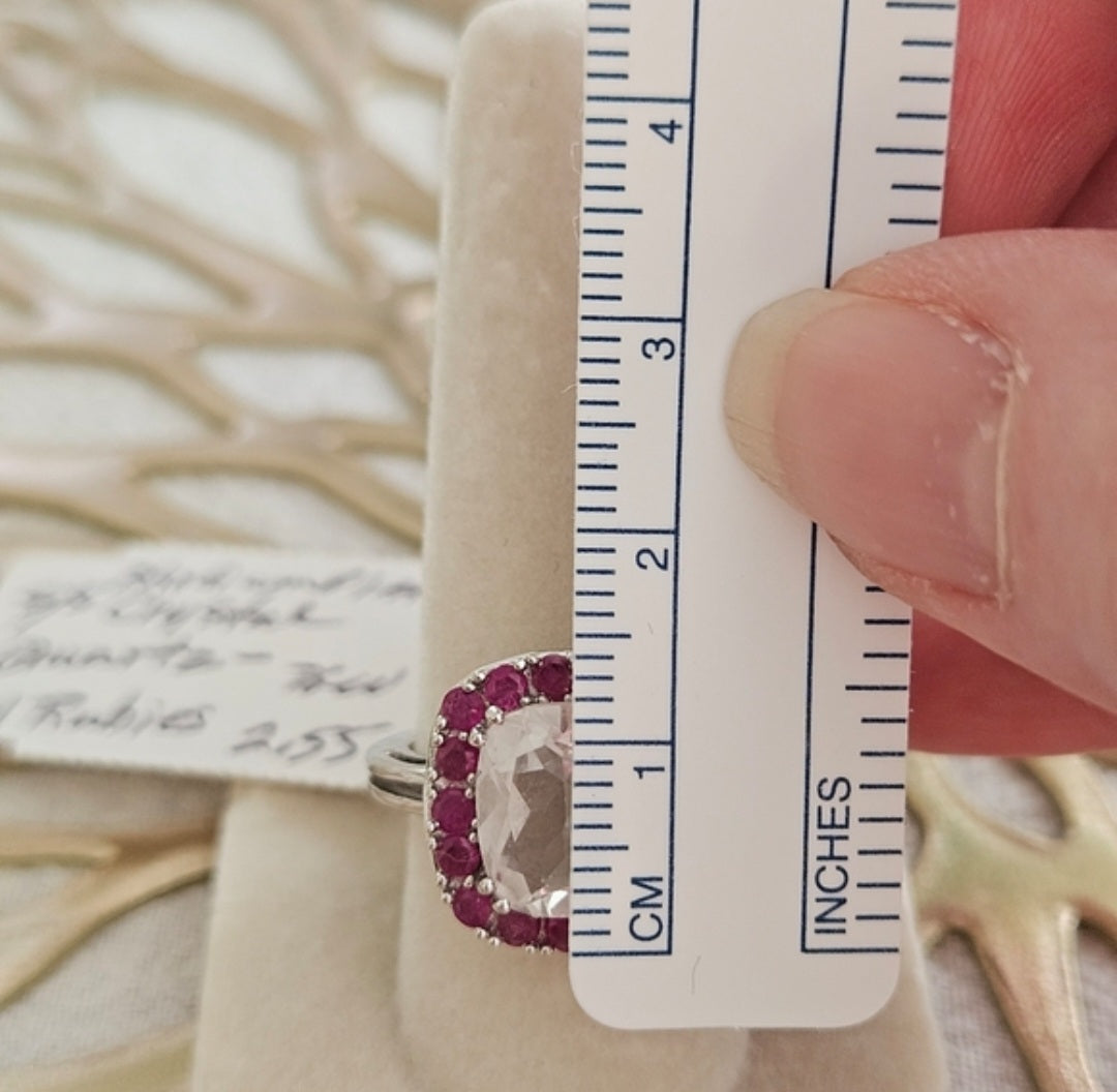 Crystal Quartz With Red Ruby Accent 925 Silver Over Rhodium Sz 7