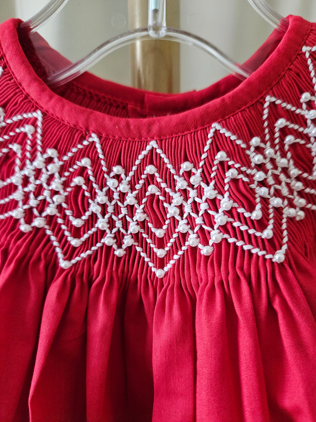 Love Me Red Smocked Bishop Dress with Pearls | Long Puff Sleeves |