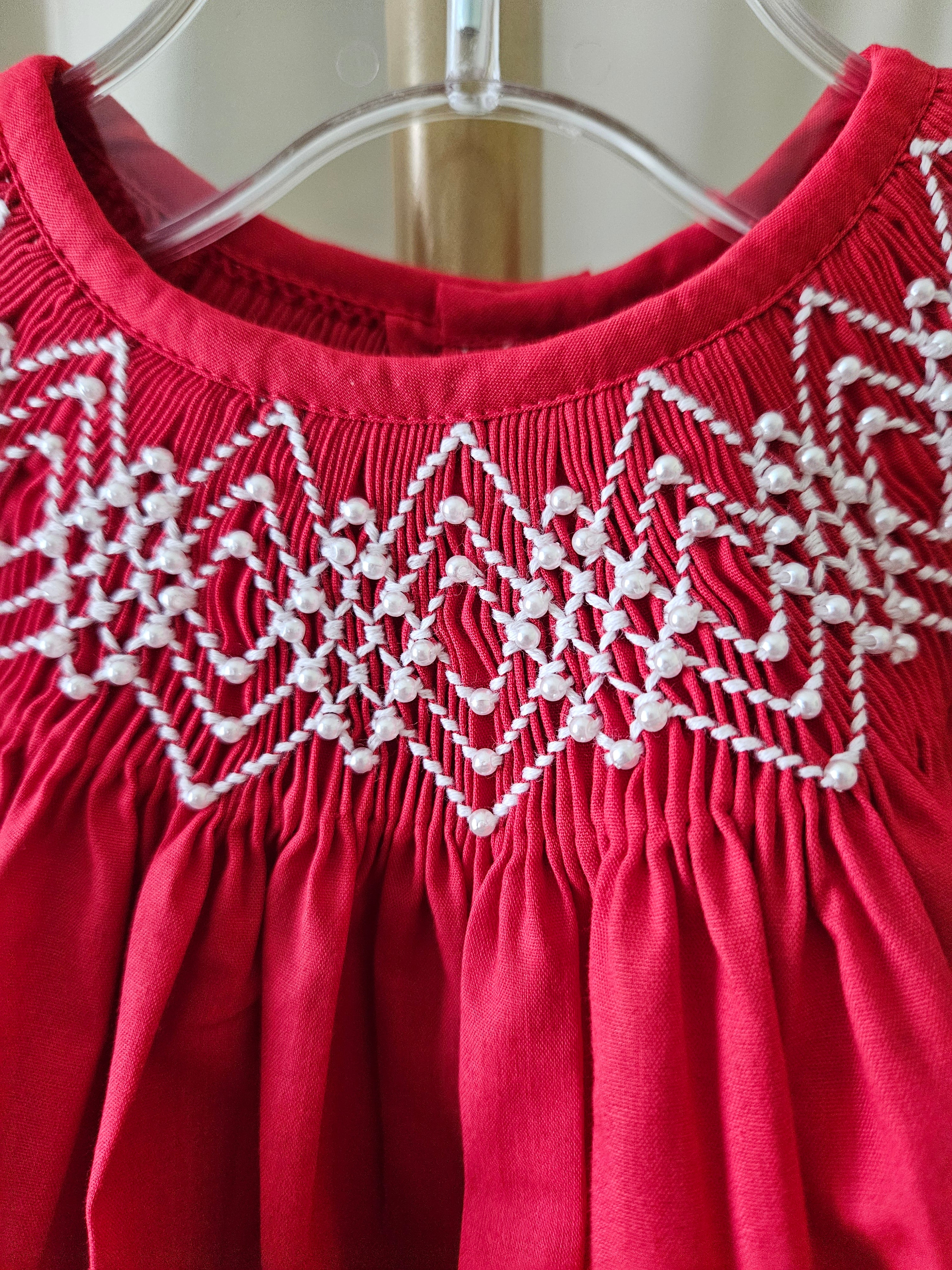 Love Me Red Smocked Bishop Dress with Pearls | Long Puff Sleeves |
