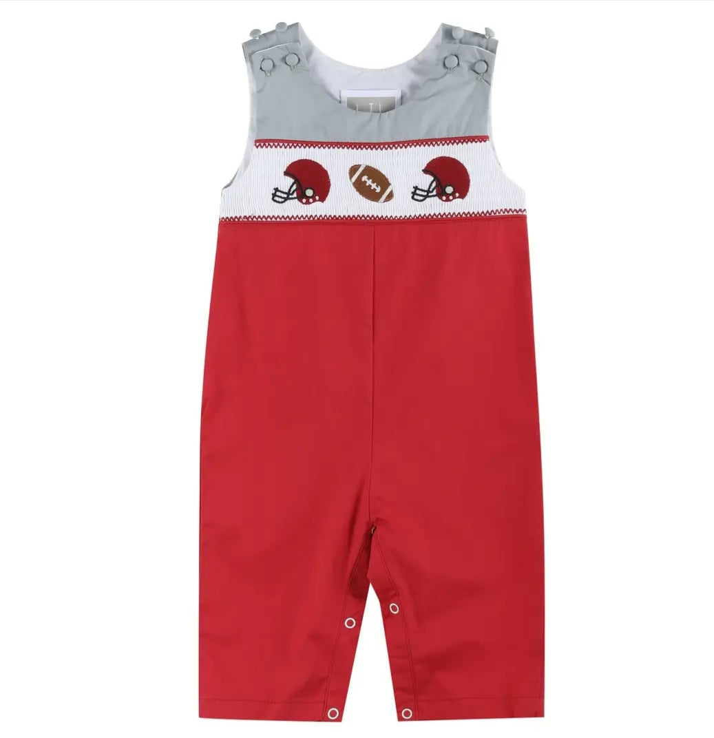 Lil' Cactus Red and Gray Football Smocked Overalls Sz 12-18M