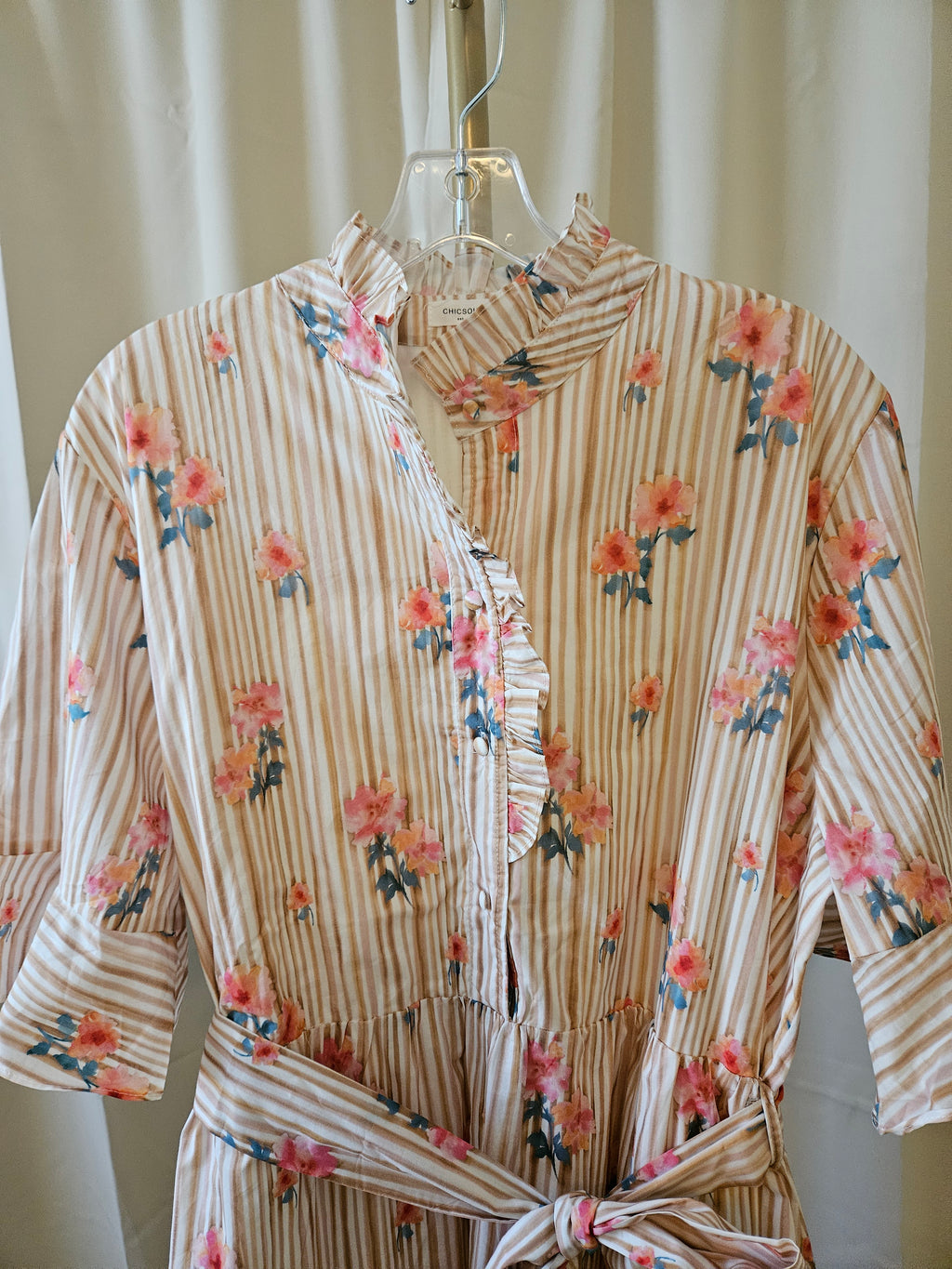 Chic Soul Tan & White Striped Floral Dress Ruffle Trim Belted 3X