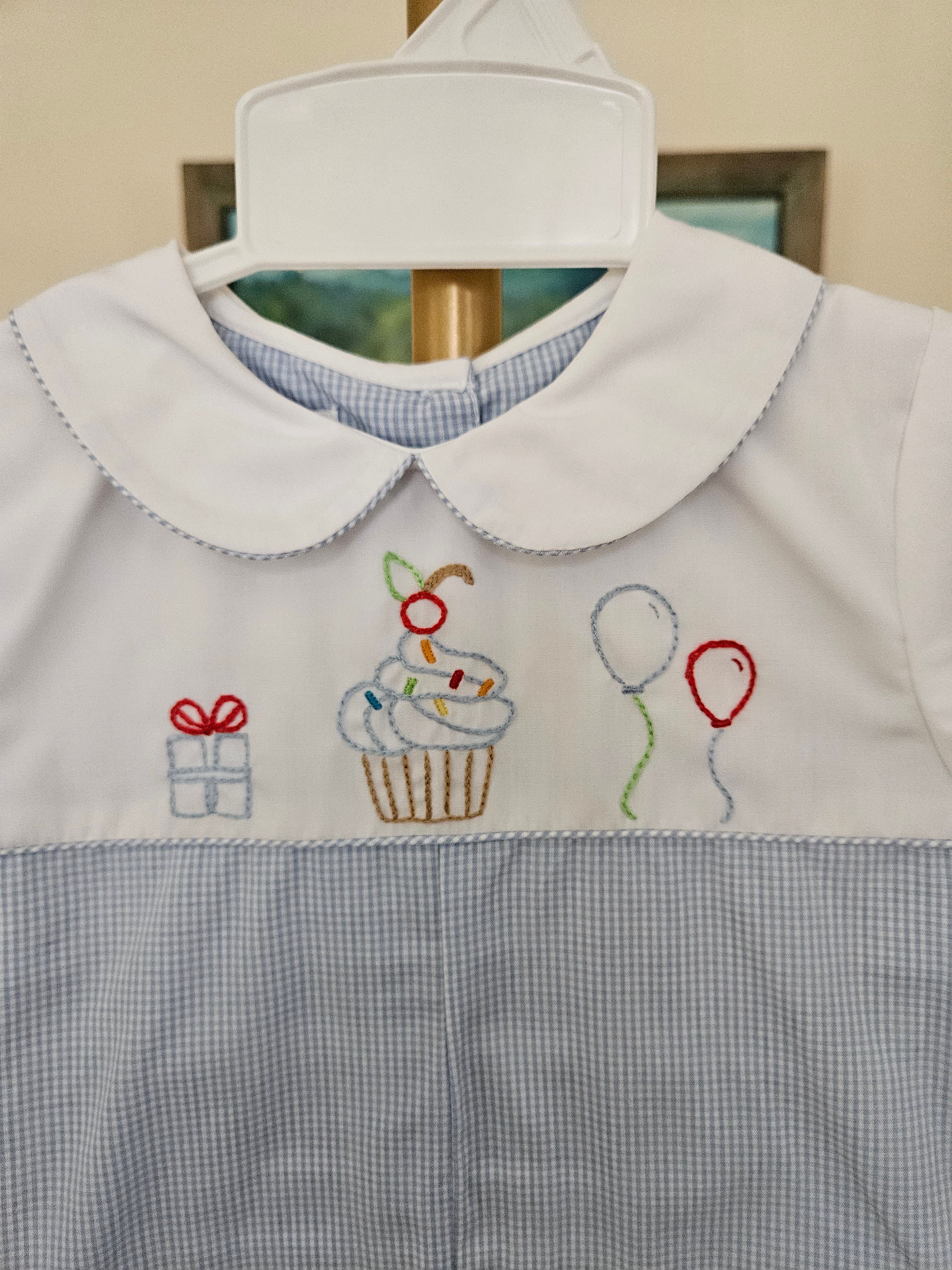 Petit Ami Blue and White Birthday Embroidered Romper