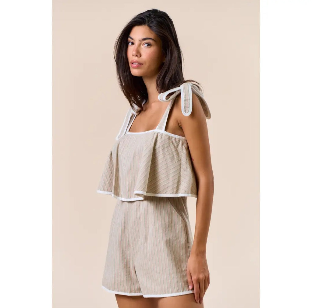 Lalavon Taupe & Green Contrast Hem Tie Romper W/Pockets