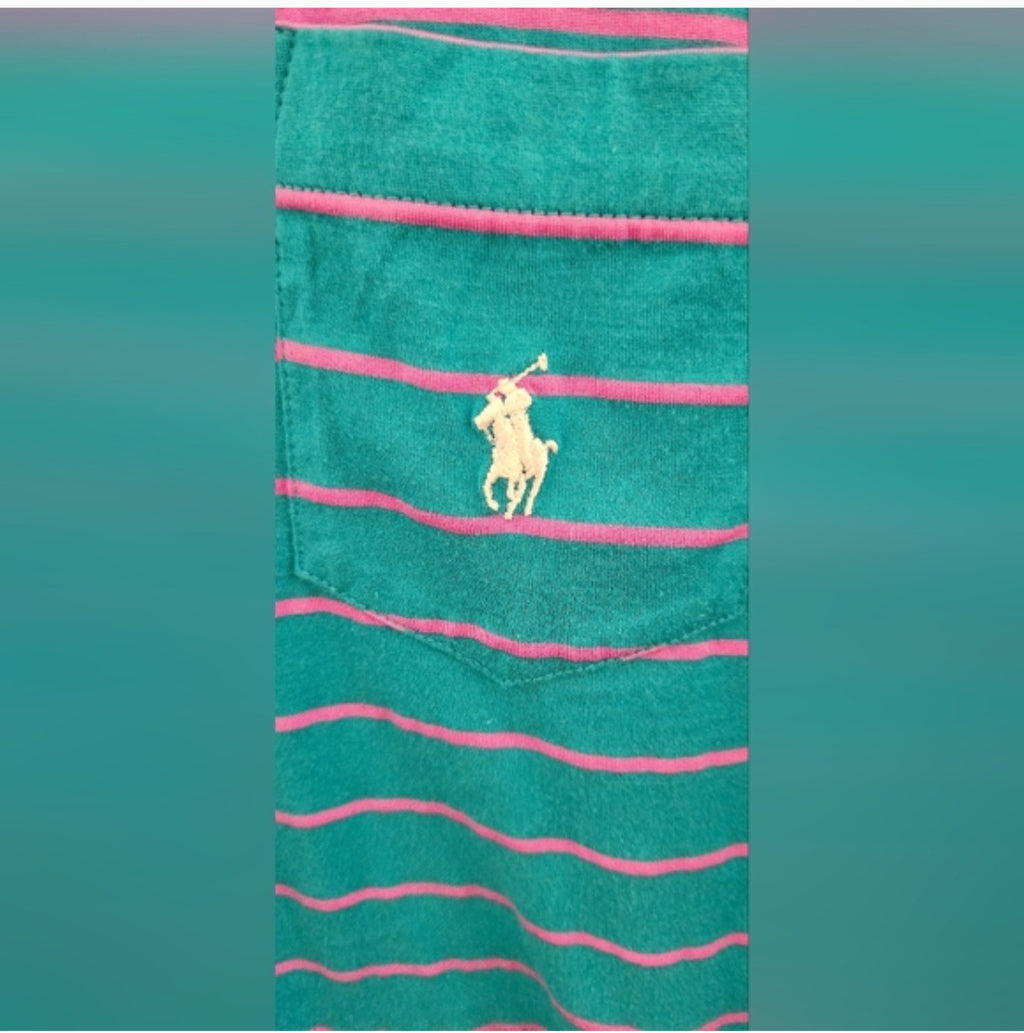 Polo Golf Ralph Lauren Teal Blue and Pink Striped Polo Shirt Size Large