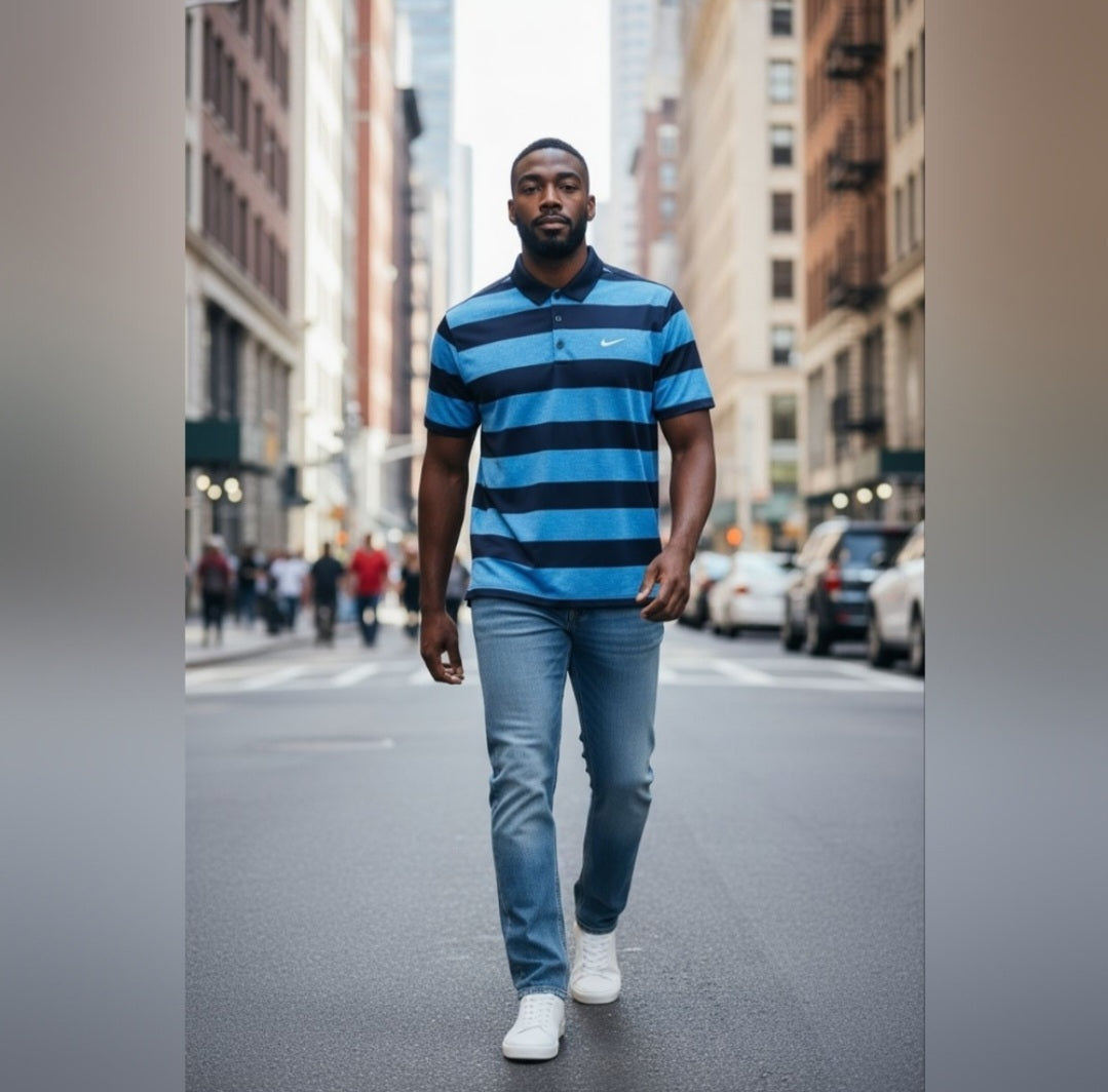 Nike Golk Navy & Blue Striped Polo Size Med