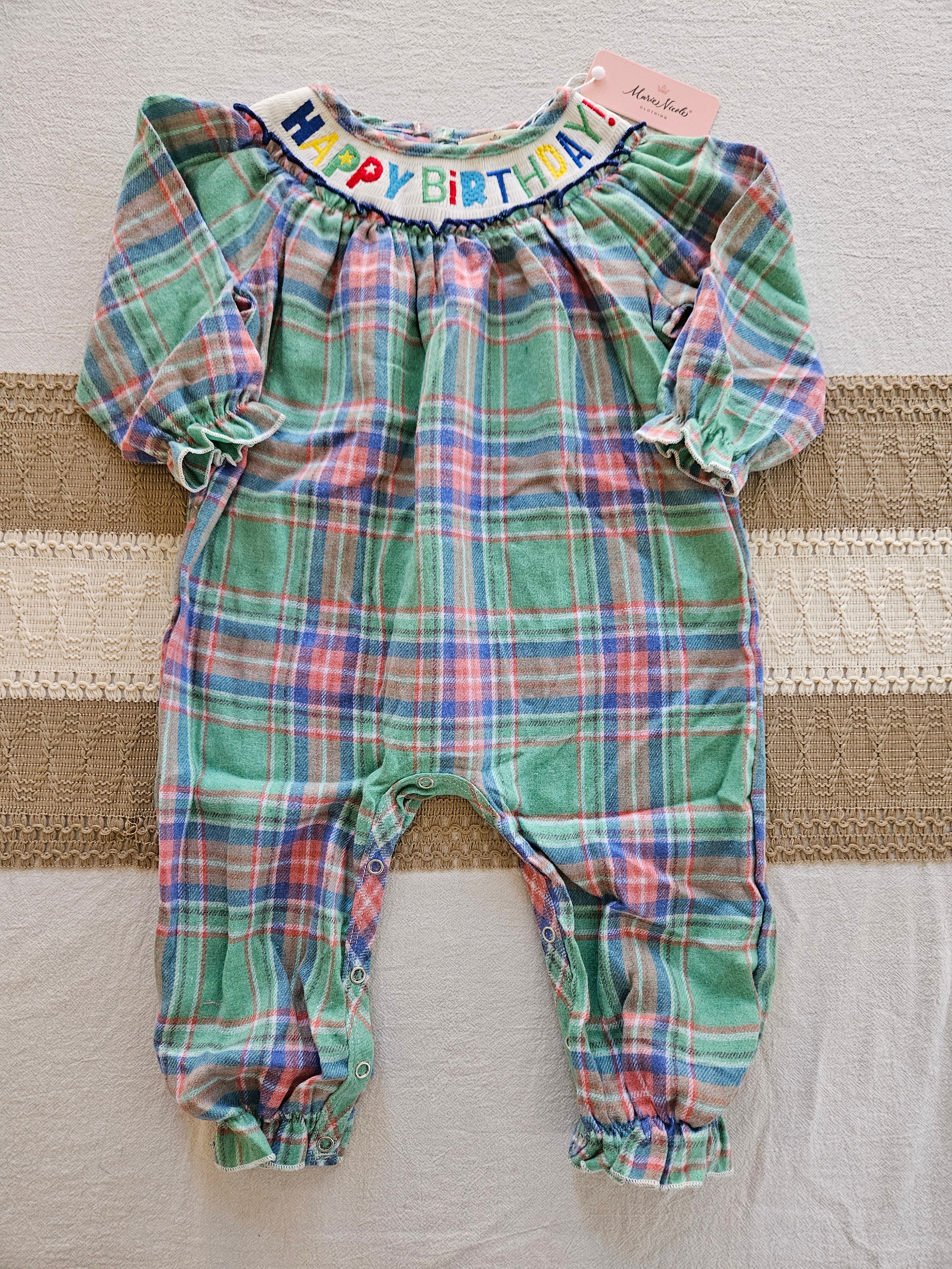Marie Nicole Plaid Smocked Birthday Romper Sz 12-18M