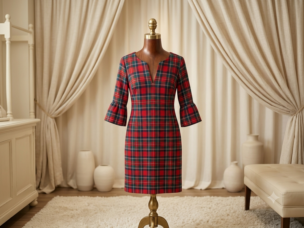 Vineyard Vines Red Green Plaid Bell Sleeve V-Neck Dress Size 0