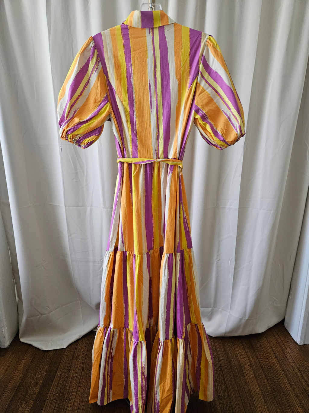 Flying Tomato Poplin Abstract Striped Tiered Maxi Dress — S, M, L