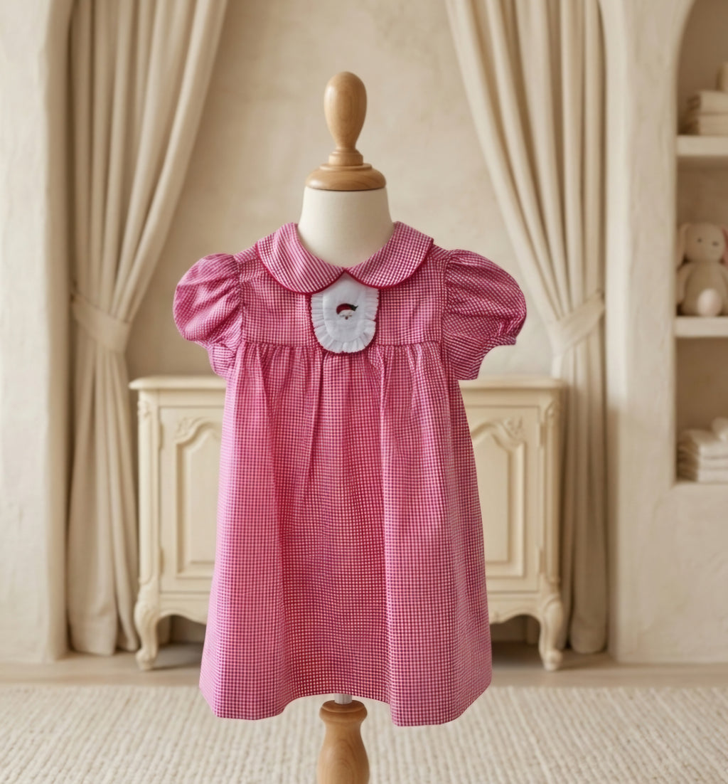 Baby Blessings Embroidered Santa Gingham Dress