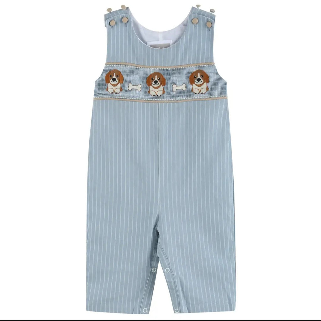Lil' Cactus Light Blue Puppy Smocked Overalls Sz 6-12M