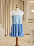 Tracies Blue & White Tiered Flowy Dress Keyhole Back Size Small