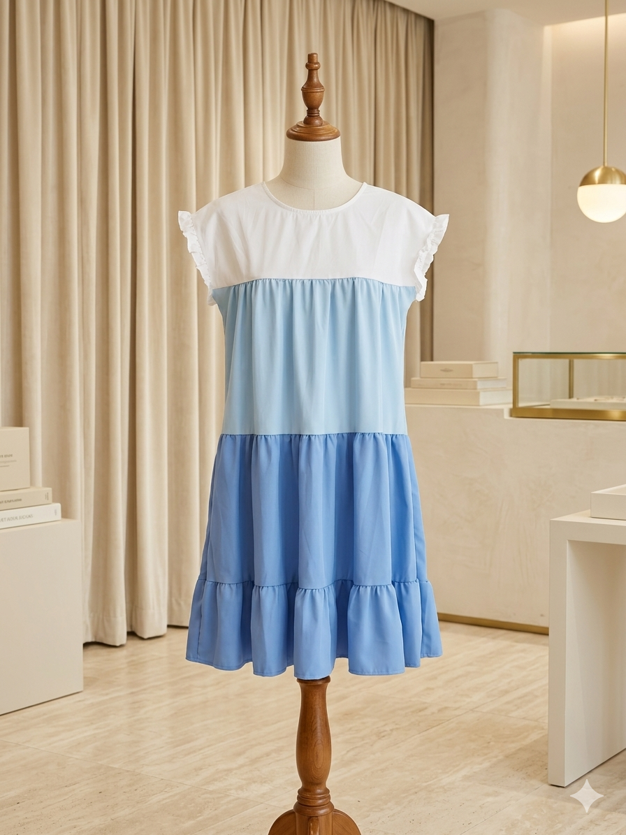 Tracies Blue & White Tiered Flowy Dress Keyhole Back Size Small