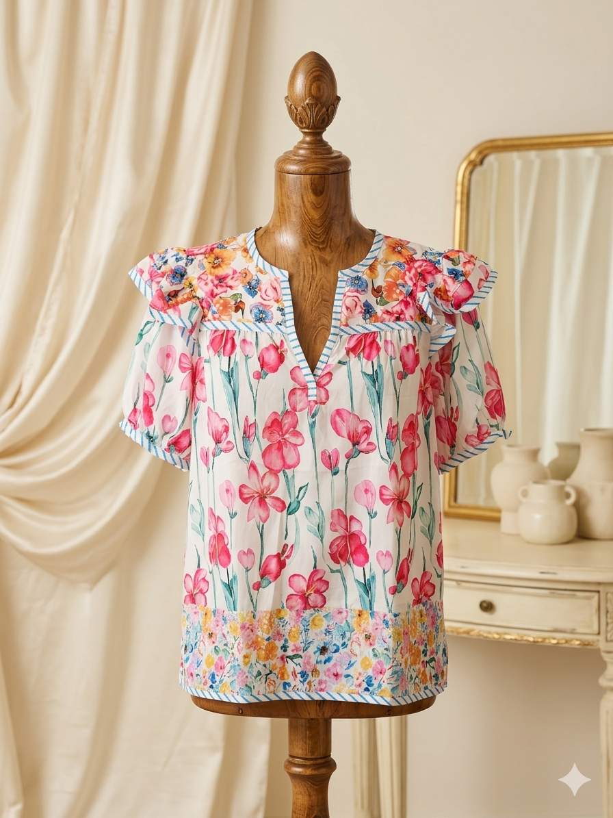 Lovesoft Pink Floral Contrast Trim Blouse 🌸