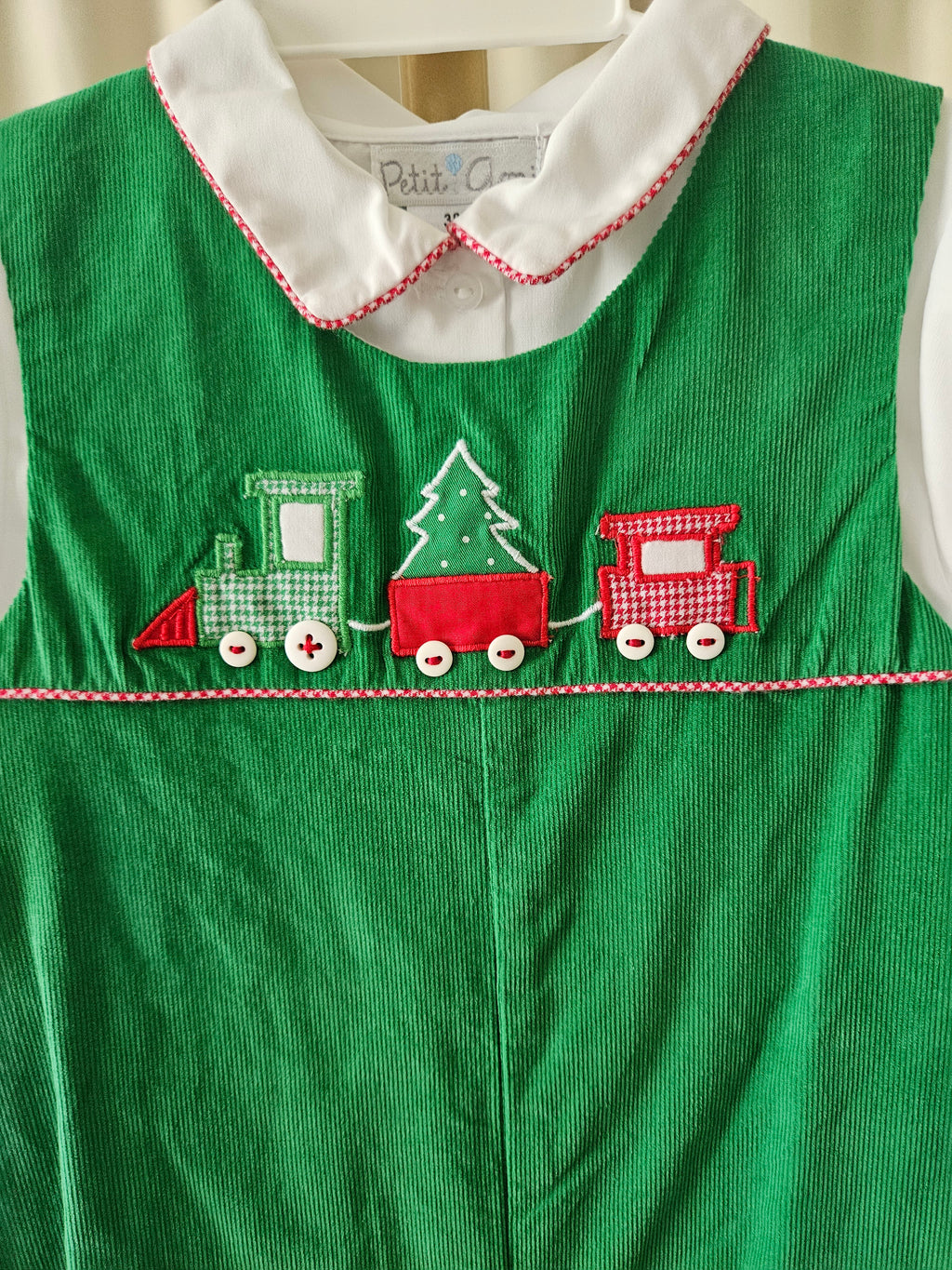 Petit Ami Christmas Train Corduroy Overall Set