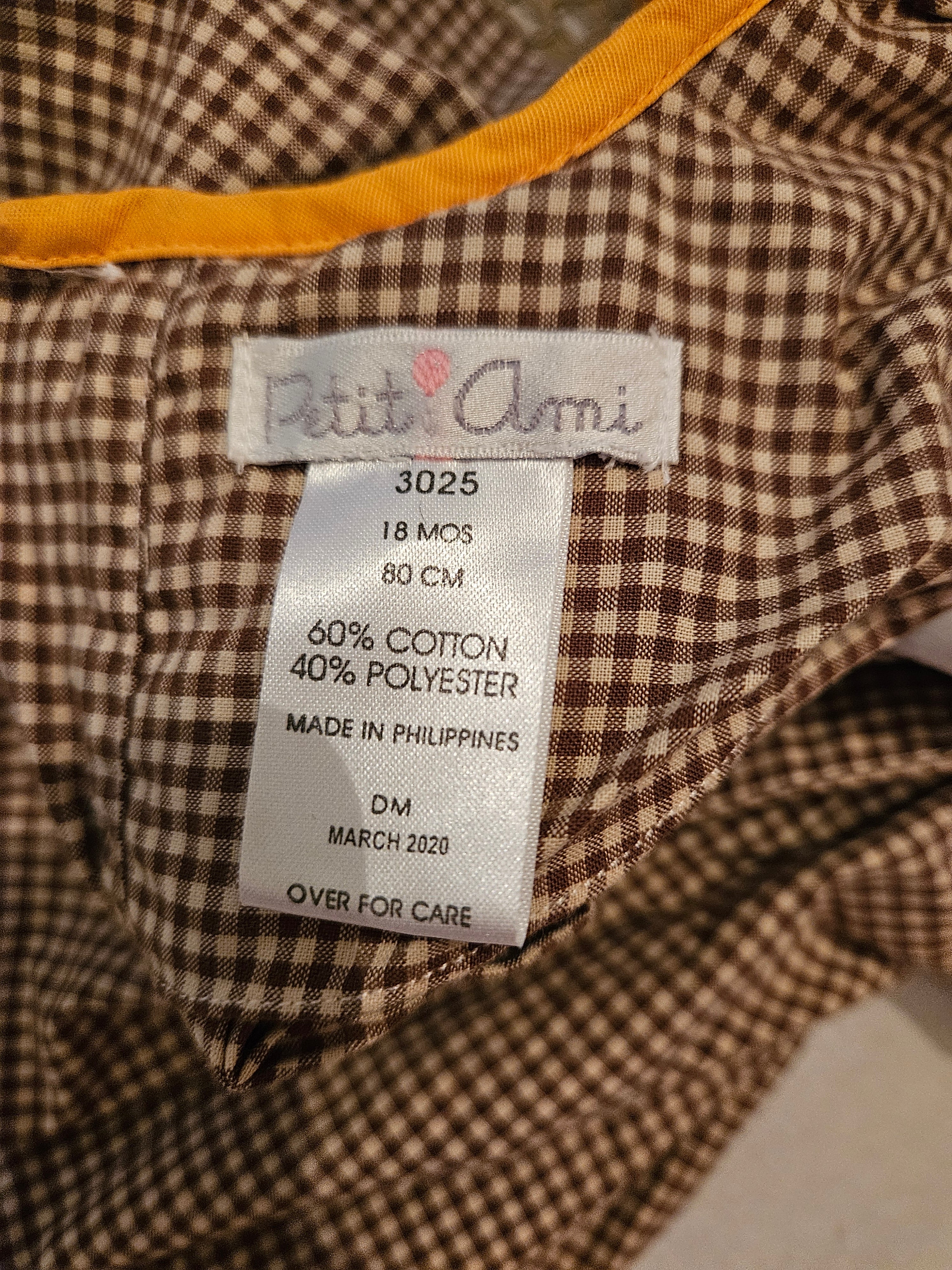 Petit Ami Brown Checkered Baby Dress with Smocked Pumpkins Sz 18M