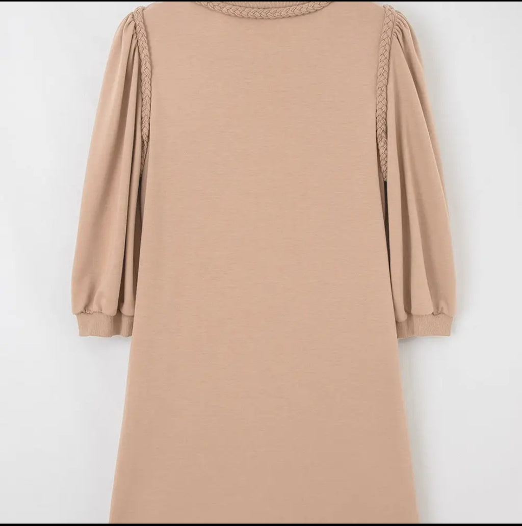 Lovesoft Light French Beige Braided Trim Puff Sleeve Dress Sz Med