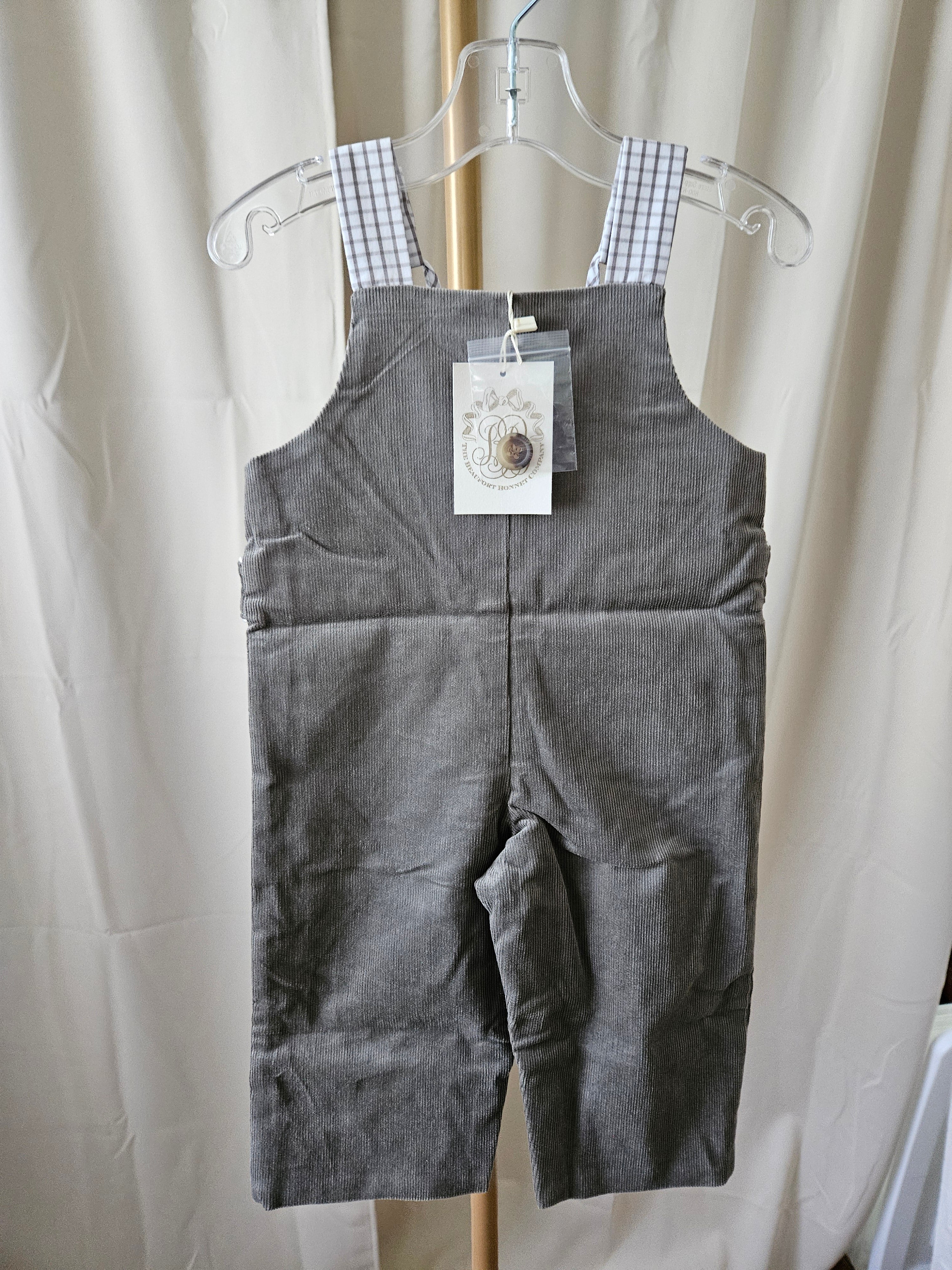 The Beaufort Bonnet Company Gray Corduroy Overalls Gingham Accents