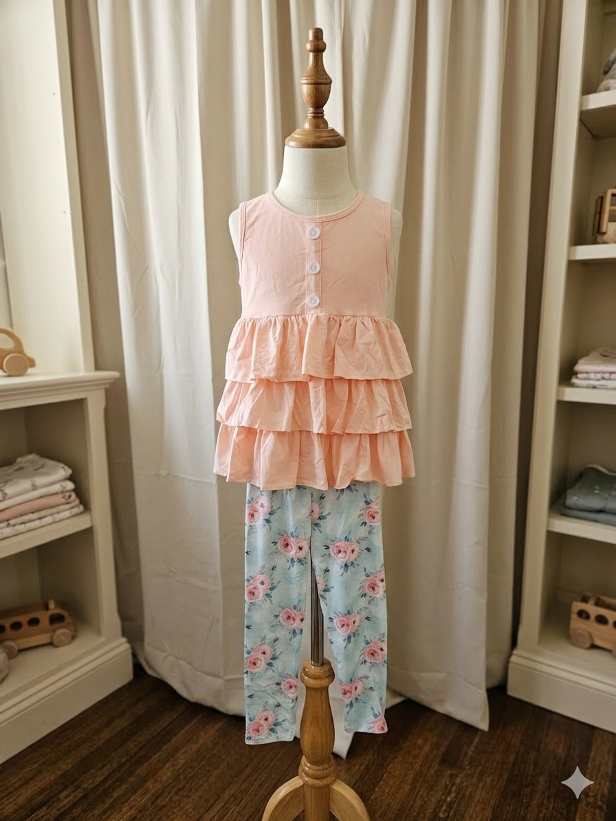 Adorable Sweetness 2-Pc Girls Peach Swing Top & Pastel Floral Leggings Set