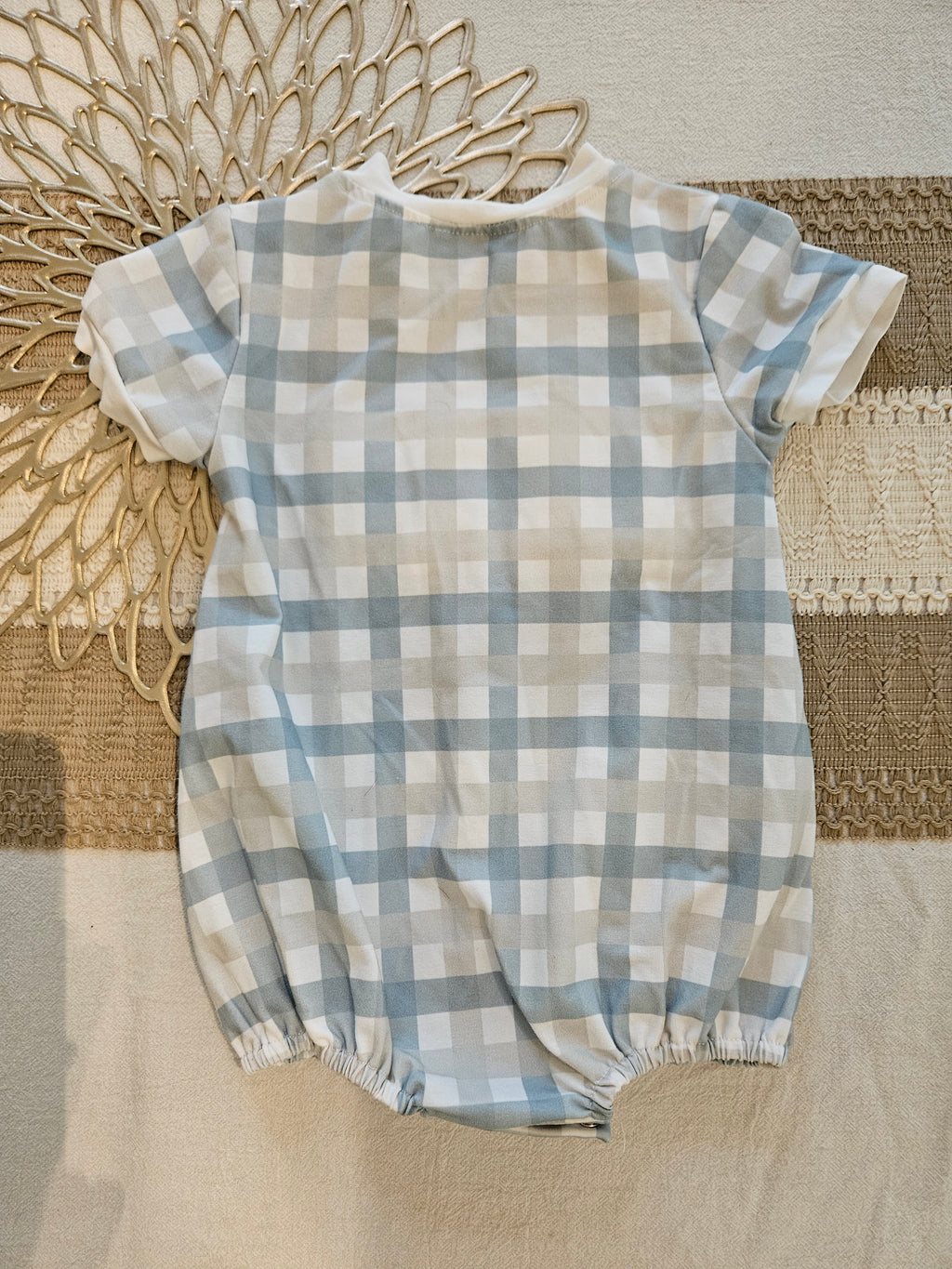 Mr. Bowtique Bunny Smocked Blue and White Plaid Kids Romper Sz 9M