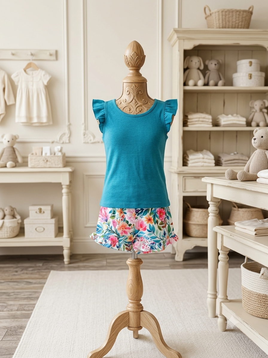 Millie Loves Lily Teal Ribbed Ruffle Cap Sleeve Top & Bright Floral Shorts Set