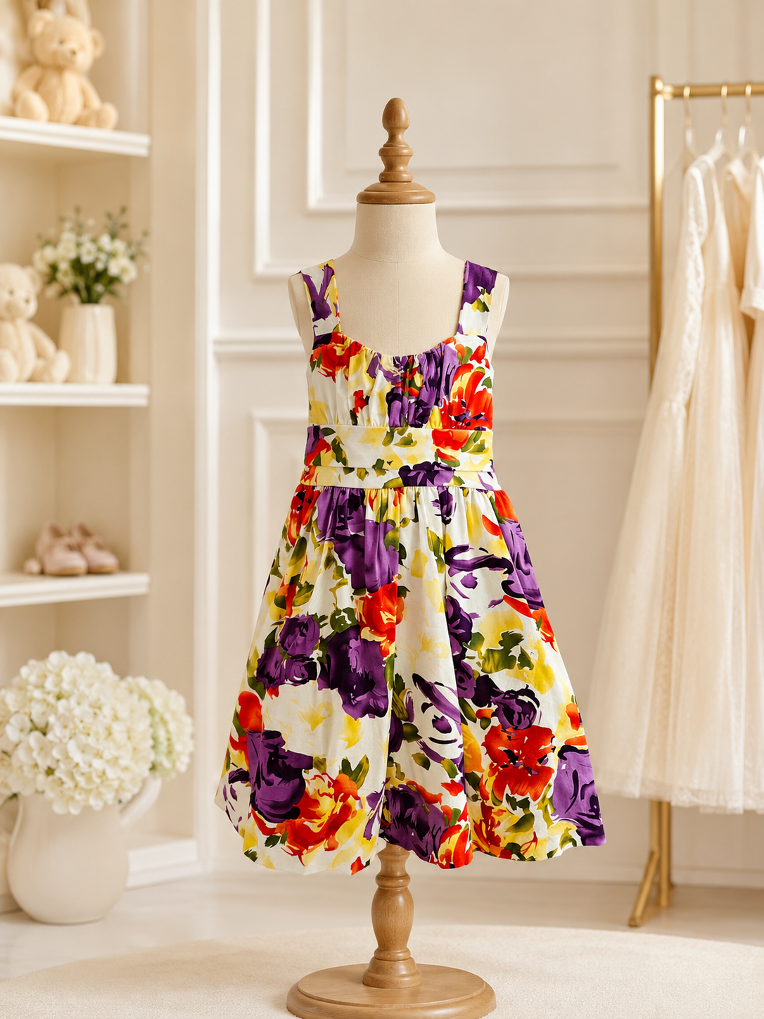 Rare Editions Vibrant Floral Sleeveless Dress with Tulle Skirt & Back Sash | Size 7