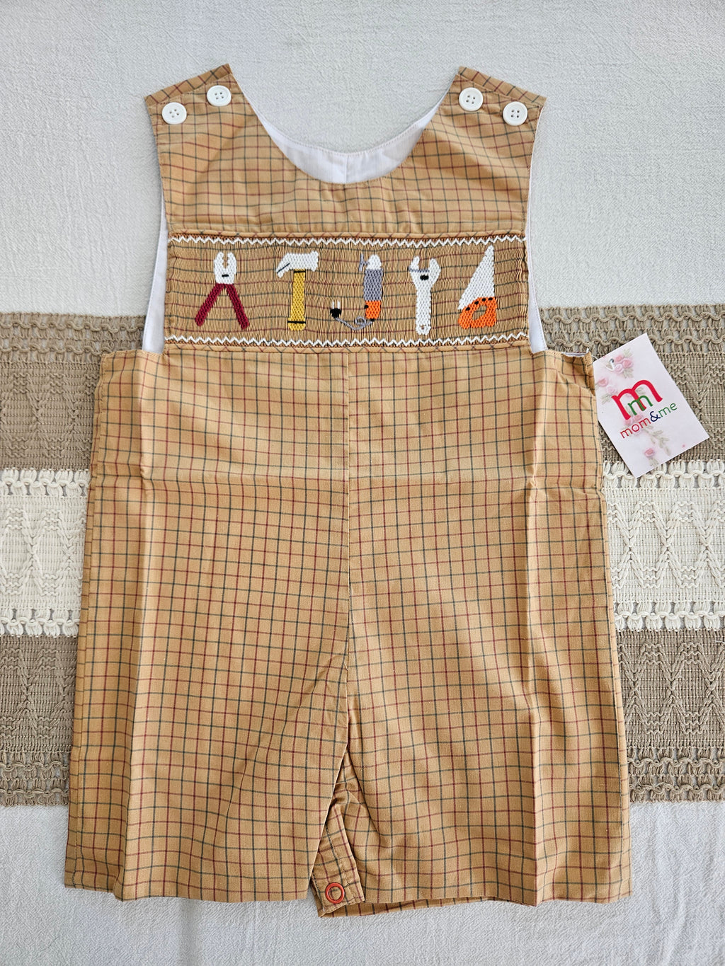 Mom & Me Brown Plaid Smocked Tools Jon Jon – Sizes 12M, 18M & 3T