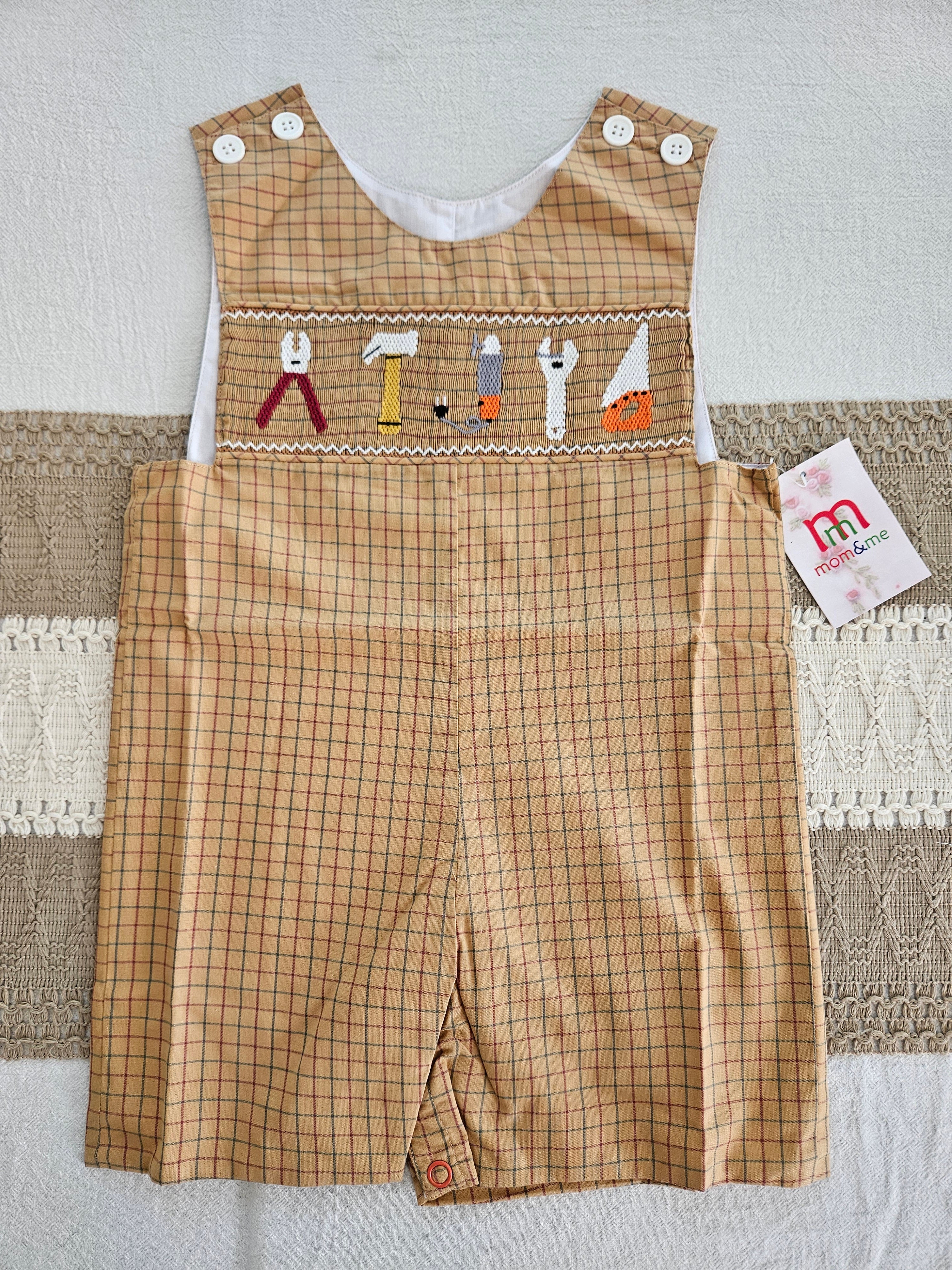 Mom & Me Brown Plaid Smocked Tools Jon Jon – Sizes 12M, 18M & 3T